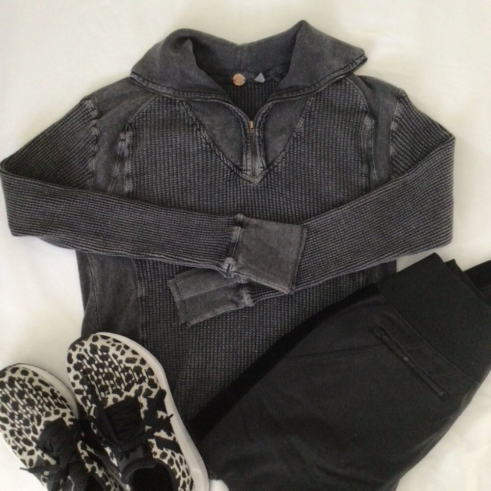 Free People 1/4 Zip Waffle Top Faded Black Sz S